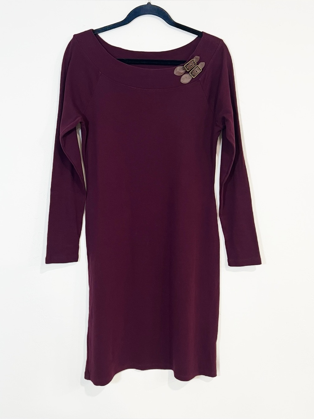 Lauren Ralph Lauren Buckle Front Long Sleeve Midi Sweater Dress Maroon Size L